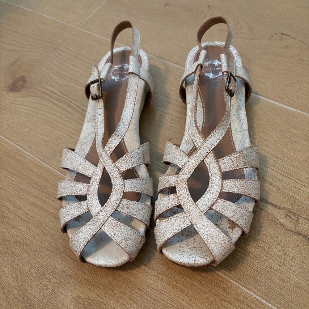 Lucky Penny Wedge Buckle Strapped Crackled Leather Sandals